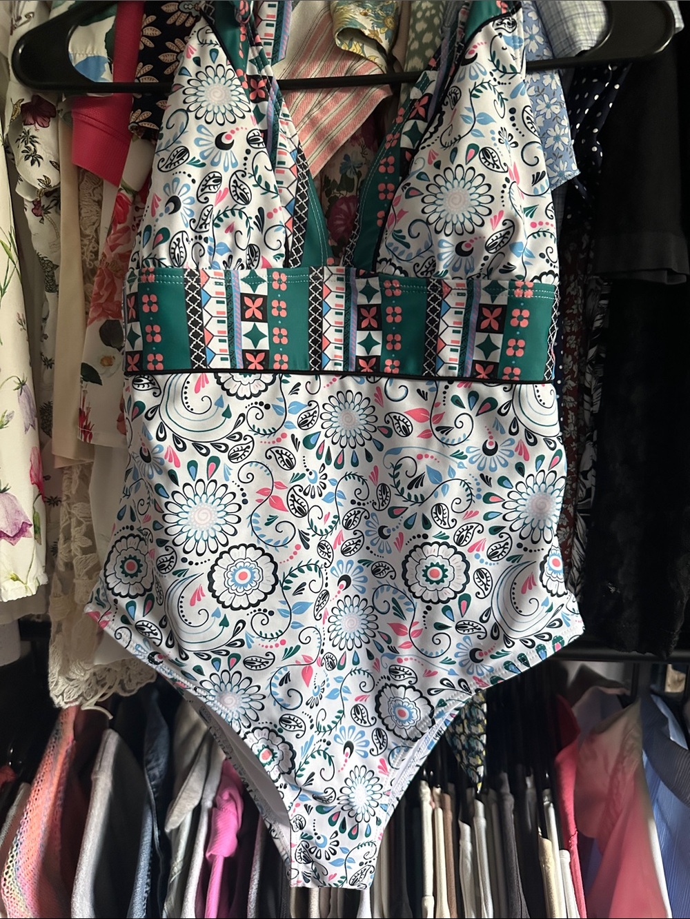 Floral Print One-Piece Swimsuit with Teal Band - NEVER WORN
